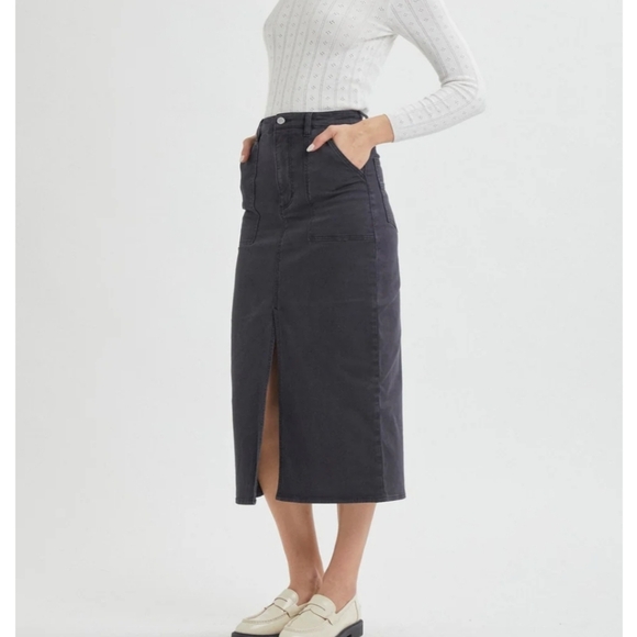 Rolla's Trade skirt in washed black A line midi Black Midi Skirt front slit Sz8 - Picture 2 of 10